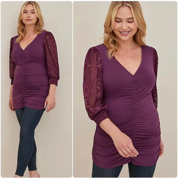 Torrid Lace Sleeve Tunic V-Neck Ruched Front Long Top Plus Size 1 1X 14 16 NWT - Picture 3 of 16